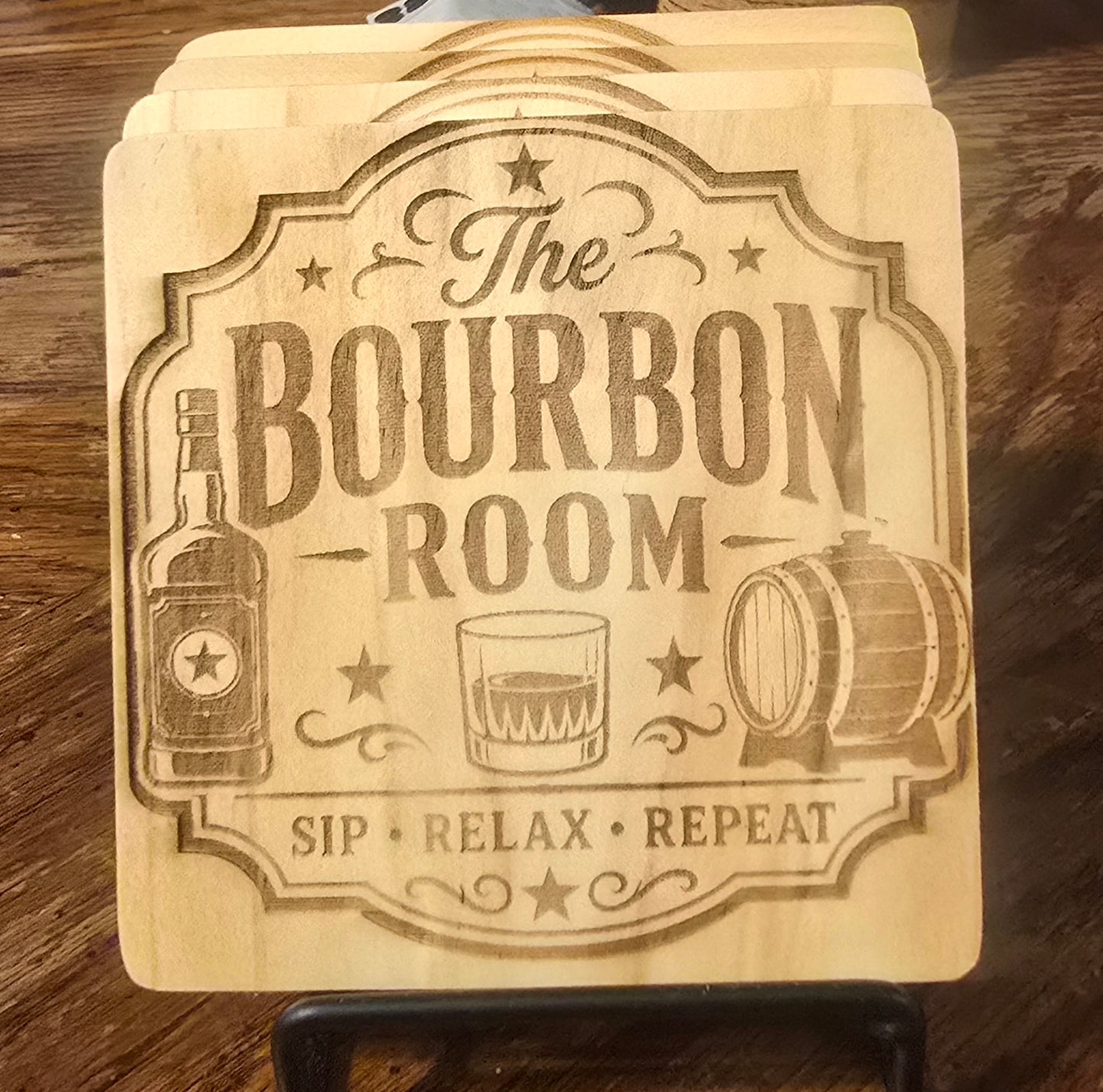 Set of 4  wood coasters with stand